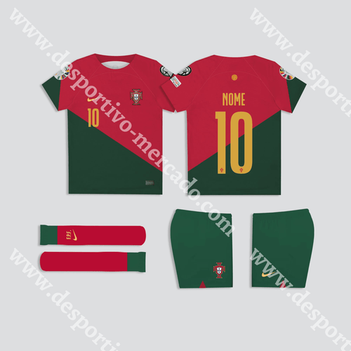 Kit Criança Principal Portugal Mundial 2022 Camisola Futebol